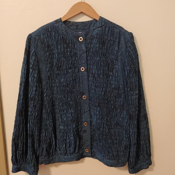 Vintage Boho Smocked Wrinkled Rich Denim Jacket Embroidered Gene Ewing BIS - Picture 6 of 8